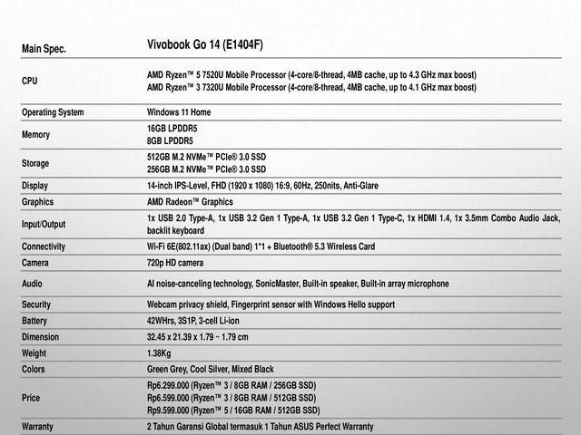 ASUS Vivobook Go 14 spesifikasi
